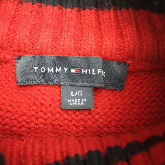 Tommy Hilfiger Ladies Size Large Red w/ Navy Stripes Crew Neck Sweater - Picture 3 of 6